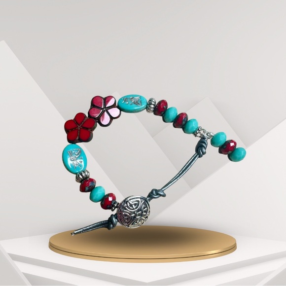 Bohemian Bracelet hand crafted with Red and turquoise Czech Glass Flowers - Picture 1 of 4